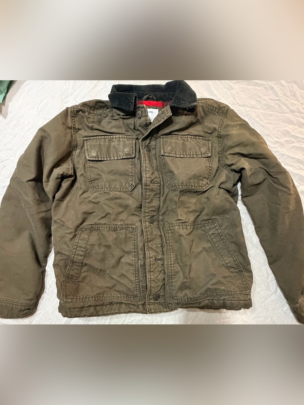 Old Navy Men's Olive Green Workwear Jacket with Red Lining